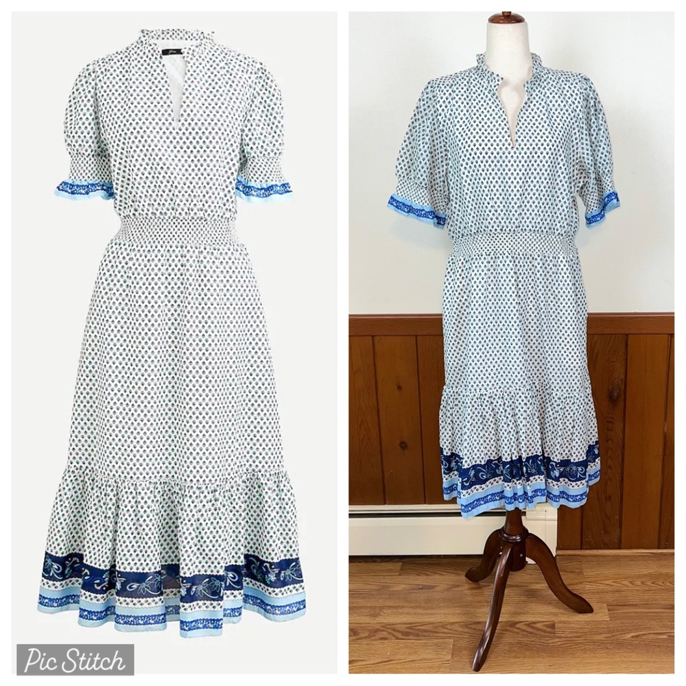 J. Crew White Dress with Blue Border Print